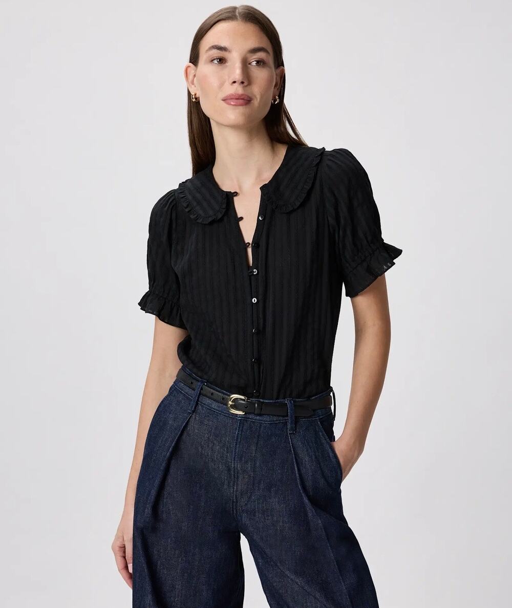 🔥Quince Organic Cotton Embroidered Cotton Ruffle Collar Short Sleeve Blouse L